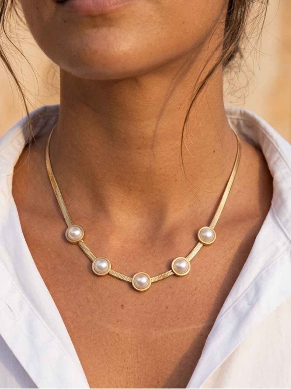 18K Gold Plated herringbone pearl necklace stainless steel womens jewelry Gift